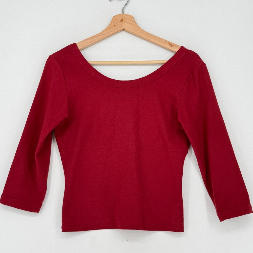 Tehen Paris Lace Up Back Top Womens Sz 2 Red 3/4 Sleeve V-Neck Coquette Edgy